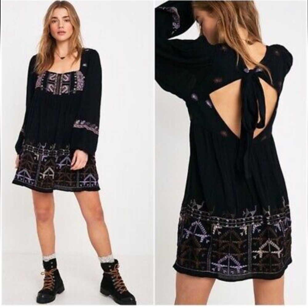 Free People Embroidered Babydoll Pull Over Open Back Mini Dress Tunic Size S
